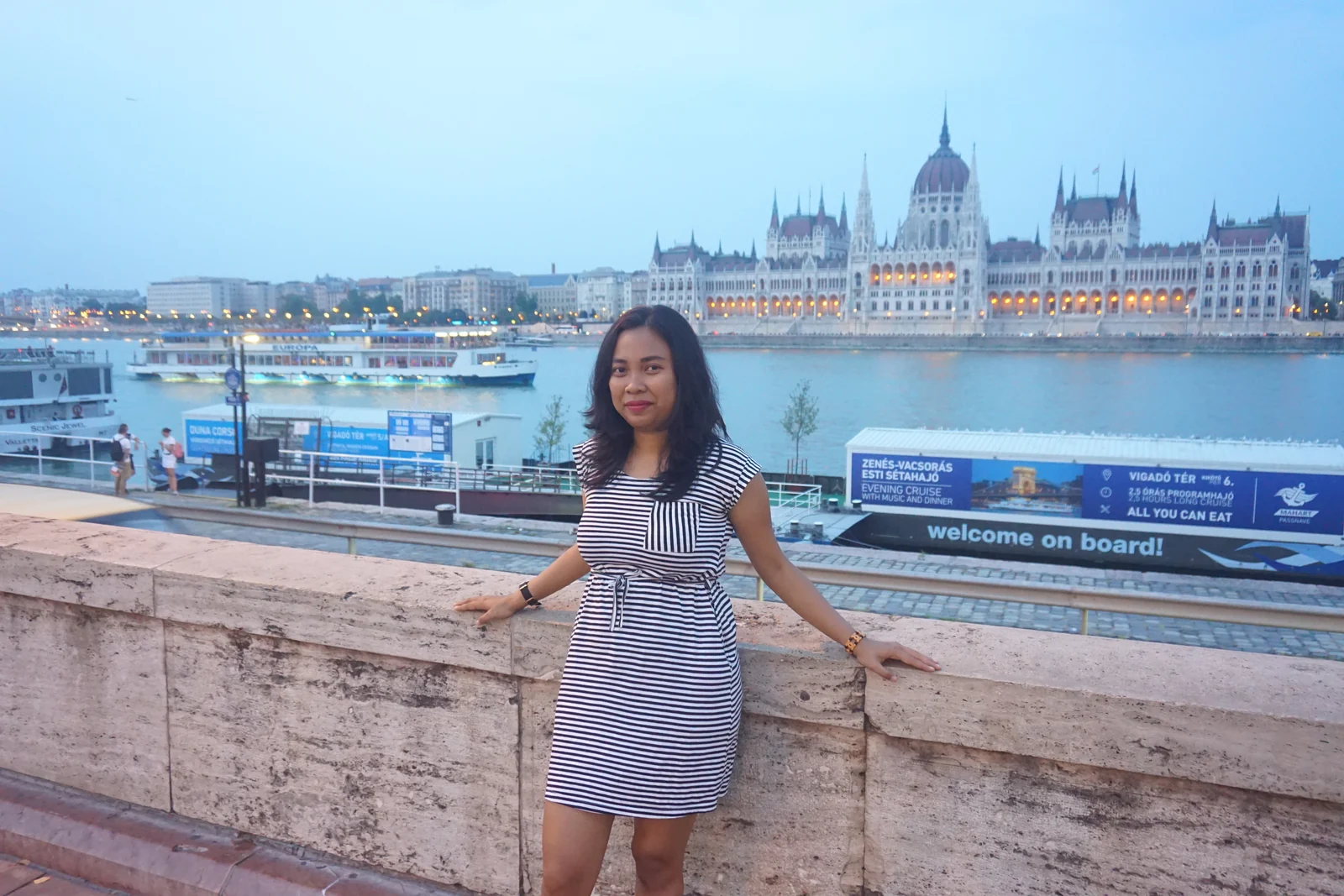 Mentari Rahman with Budapest Parliament in the background during a personal trip to Europe
